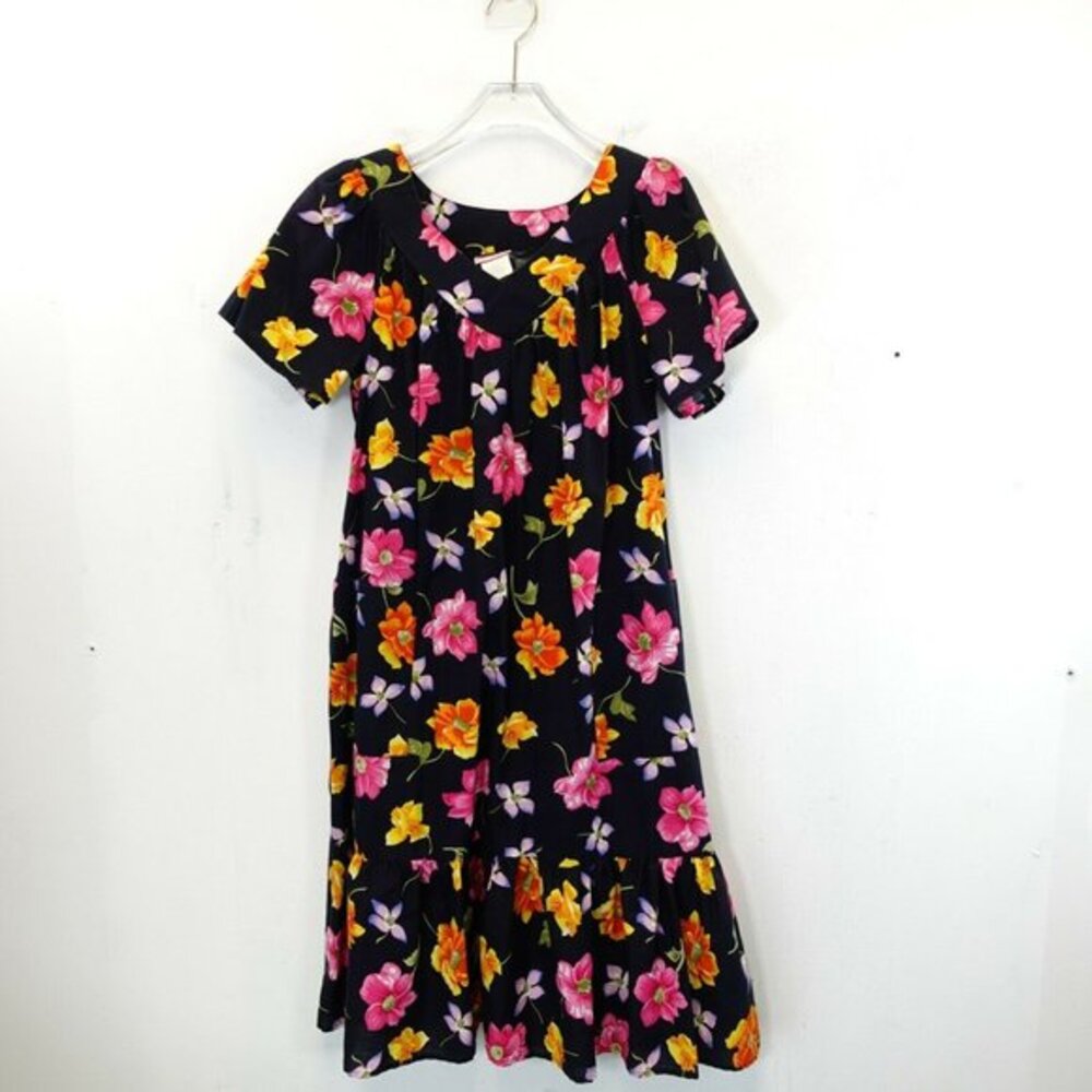 GRANADA‎ Black Shift Dress SMALL Floral Pink Midi Tropical Hibiscus Hawaiian